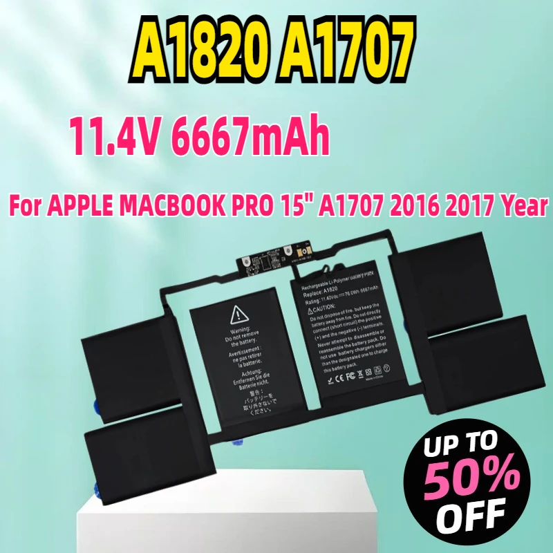 Новый аккумулятор для ноутбука A1820 A1707 76 Втч для APPLE MACBOOK PRO 15 дюймов A1707 2016 2017 год 11,4 В 6667 мАч
Новый аккумулятор для ноутбука A1820 A1707 76 Втч для APPLE MACBOOK PRO 15 дюймов A1707 2016 2017 год 11,4 В 6667 мАч