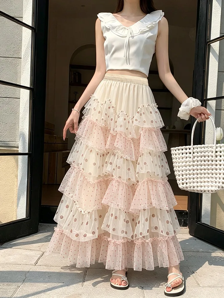 High Waist A-Line Long Skirt with Cake Design And Polka Dot Mesh for Women Summer New Style Half Body Skirt Heavy Combination
High Waist A-Line Long Skirt with Cake Design And Polka Dot Mesh for Women Summer New Style Half Body Skirt Heavy Combination