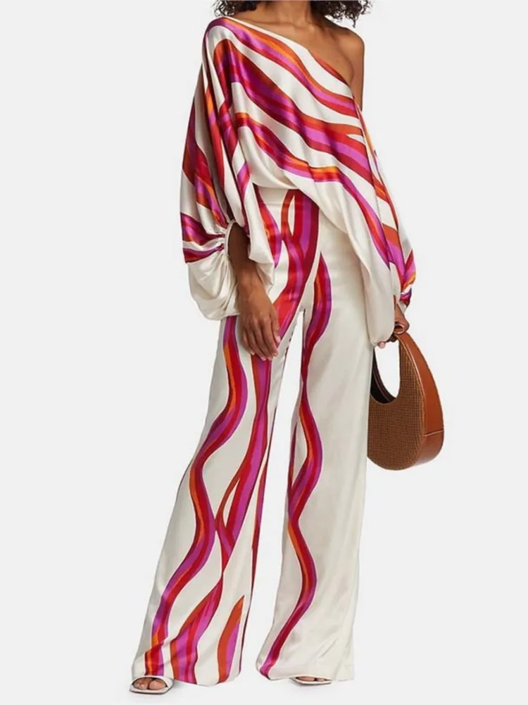 New Women's 2 Piece Sets O-neck Long Bat Sleeve Off Shoulder Print Top High Waist Wide Leg Pants Suits Female Office Lady Outfit
New Women's 2 Piece Sets O-neck Long Bat Sleeve Off Shoulder Print Top High Waist Wide Leg Pants Suits Female Office Lady Outfit