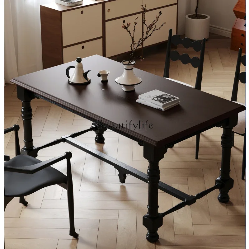 Dining table French wabi style retro solid wood American home black long table
Dining table French wabi style retro solid wood American home black long table