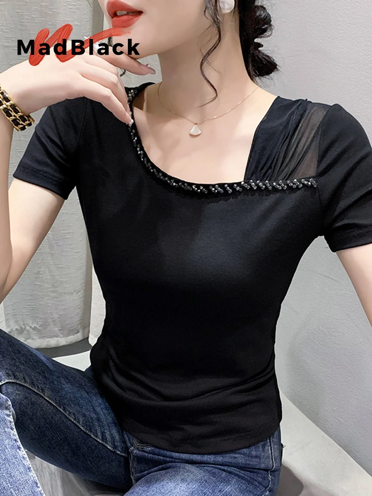 MadBlack-Women's European T-Shirt, Sexy Skew Collar Beading, Streetwear Short Sleeve Slim Mesh Tee, 2025 Summer New T53303CC
MadBlack-Women's European T-Shirt, Sexy Skew Collar Beading, Streetwear Short Sleeve Slim Mesh Tee, 2025 Summer New T53303CC