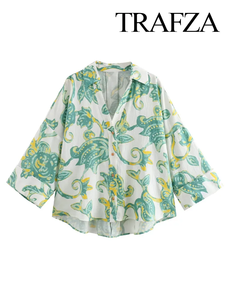 TRAFZA Women's Summer Fashion Three Quarter Sleeve Linen Blend Printed Shirt Female Chic Resort Elegant Asymmetric Wild Blouse
TRAFZA Women's Summer Fashion Three Quarter Sleeve Linen Blend Printed Shirt Female Chic Resort Elegant Asymmetric Wild Blouse