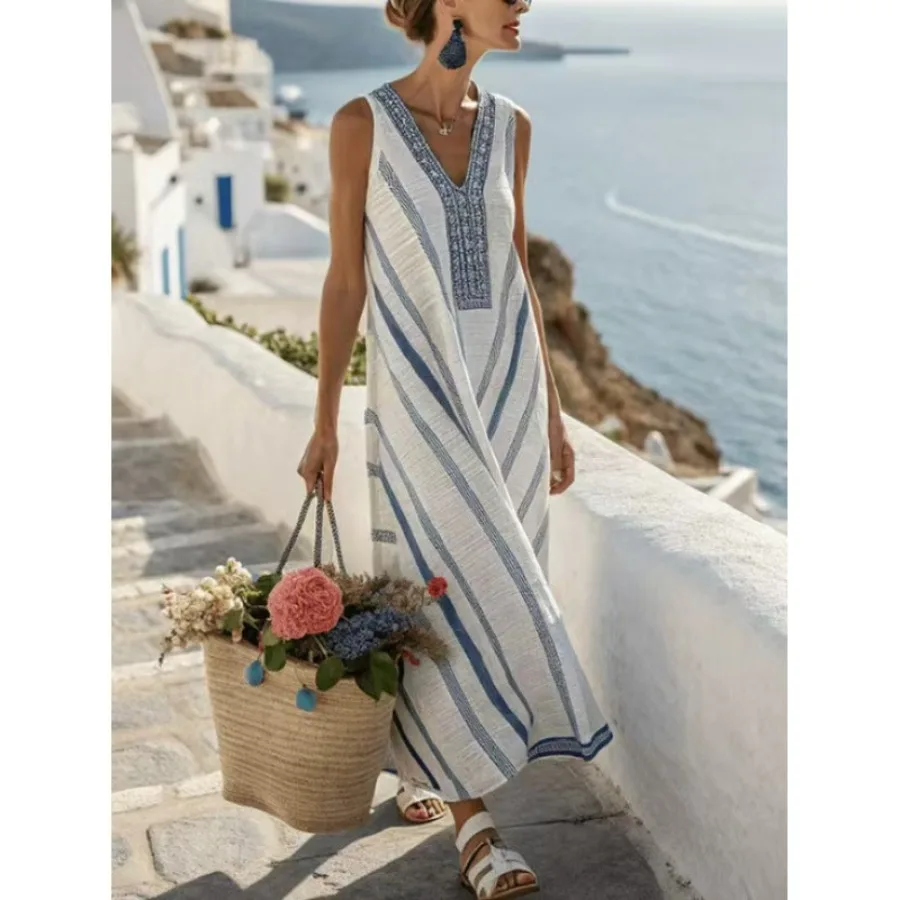 【New style】2026 new European and American style V-neck striped sleeveless dress women's summer loose beach dress vacation style
【New style】2026 new European and American style V-neck striped sleeveless dress women's summer loose beach dress vacation style