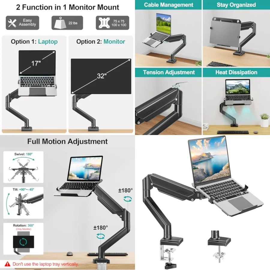 Laptop Arm Mount for Desk, 2 in 1 Function Monitor Laptop Stand, Fits Max 17" Notebook and 32" Computer Screen, Aluminum Single Monitor Holder with Adjustable Tray, Holds up to 22lbs
Laptop Arm Mount for Desk, 2 in 1 Function Monitor Laptop Stand, Fits Max 17" Notebook and 32" Computer Screen, Aluminum Single Monitor Holder with Adjustable Tray, Holds up to 22lbs