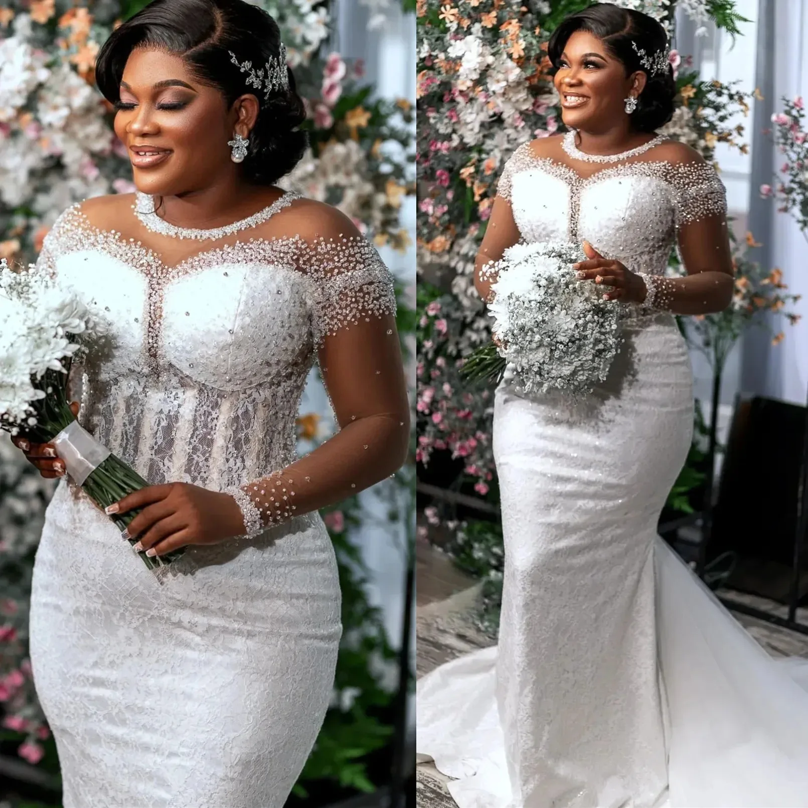 Exquisite African Lace Wedding Dress Sheer O-neck Long Sleeves Beads Sequins Mermais Birde Bridal Gowns Vestido De Novia
Exquisite African Lace Wedding Dress Sheer O-neck Long Sleeves Beads Sequins Mermais Birde Bridal Gowns Vestido De Novia