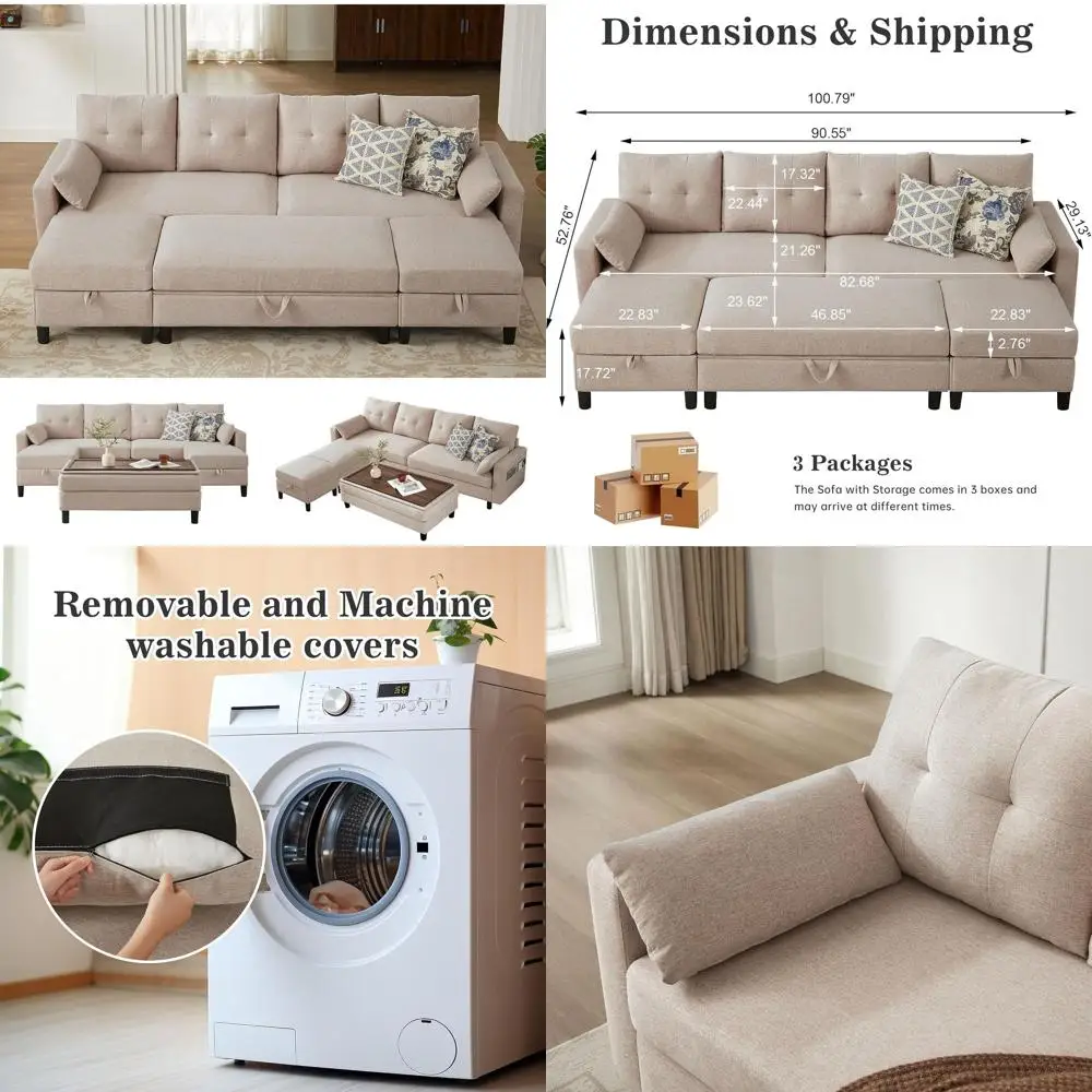 U-Shaped Sectional Sofa with Ottoman Coffee Table, Linen Fabric, Storage, 4-Seat Living Room Couch, Beige
U-Shaped Sectional Sofa with Ottoman Coffee Table, Linen Fabric, Storage, 4-Seat Living Room Couch, Beige