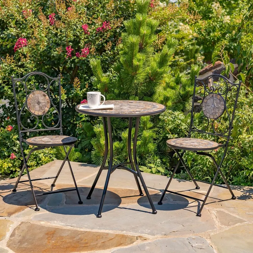 Mosaic Tile Bistro Set with Black Metal Frame and Stone/Brown Tile Tops
Mosaic Tile Bistro Set with Black Metal Frame and Stone/Brown Tile Tops