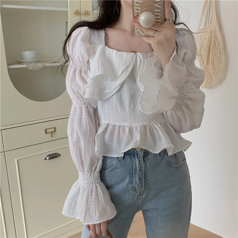 Korean Soft Style Square Neck Ruffles Flare Sleeve Short Shirt Female Fashion Sweet Slim Skirt Hem White Black Chic Blouses Tops
Korean Soft Style Square Neck Ruffles Flare Sleeve Short Shirt Female Fashion Sweet Slim Skirt Hem White Black Chic Blouses Tops