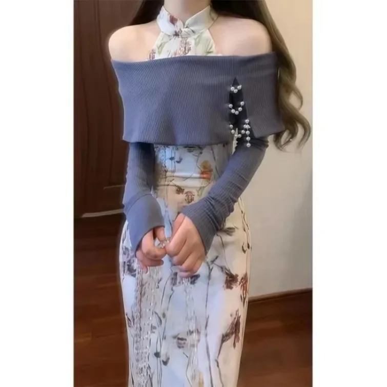 2025 Chinese Style Halter Slim Fit Bodycon Dress for Women+ Off Shoulder Long Sleeve Knitted Pullover Autumn New Two Piece Sets
2025 Chinese Style Halter Slim Fit Bodycon Dress for Women+ Off Shoulder Long Sleeve Knitted Pullover Autumn New Two Piece Sets