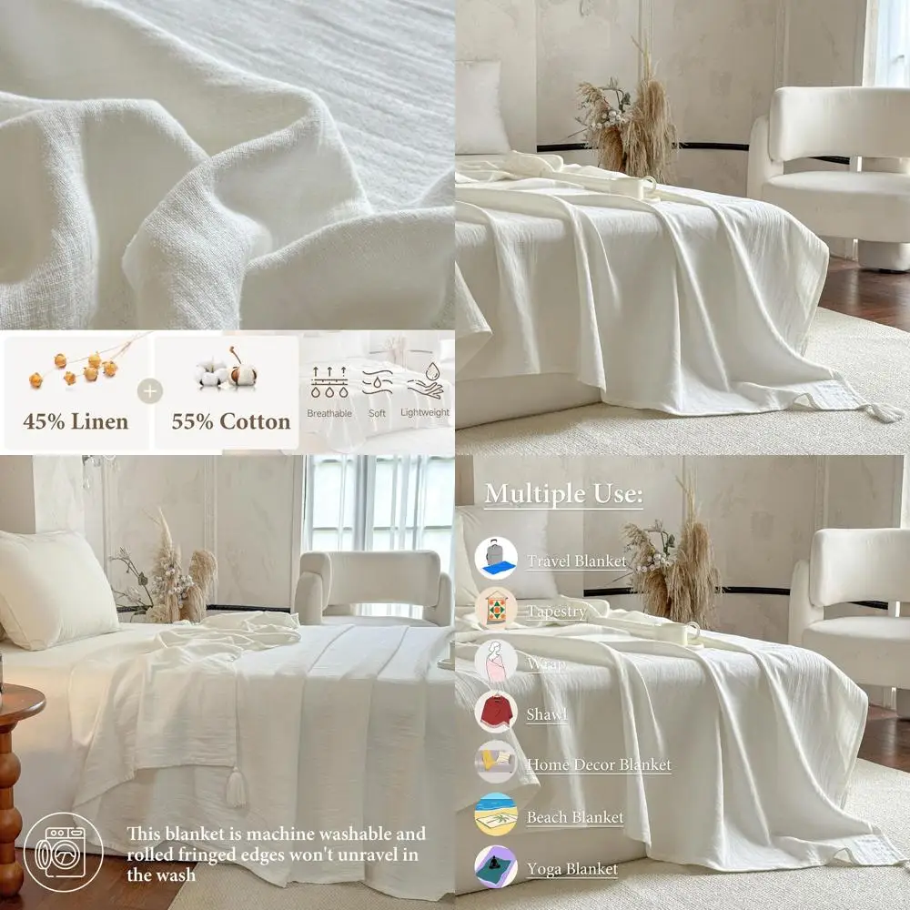 Soft Double-Layer Linen Cotton Blend Throw Blanket with Tassels, Breathable White Decorative Blanket for Sofa, Couch, or Bed (90
Soft Double-Layer Linen Cotton Blend Throw Blanket with Tassels, Breathable White Decorative Blanket for Sofa, Couch, or Bed (90