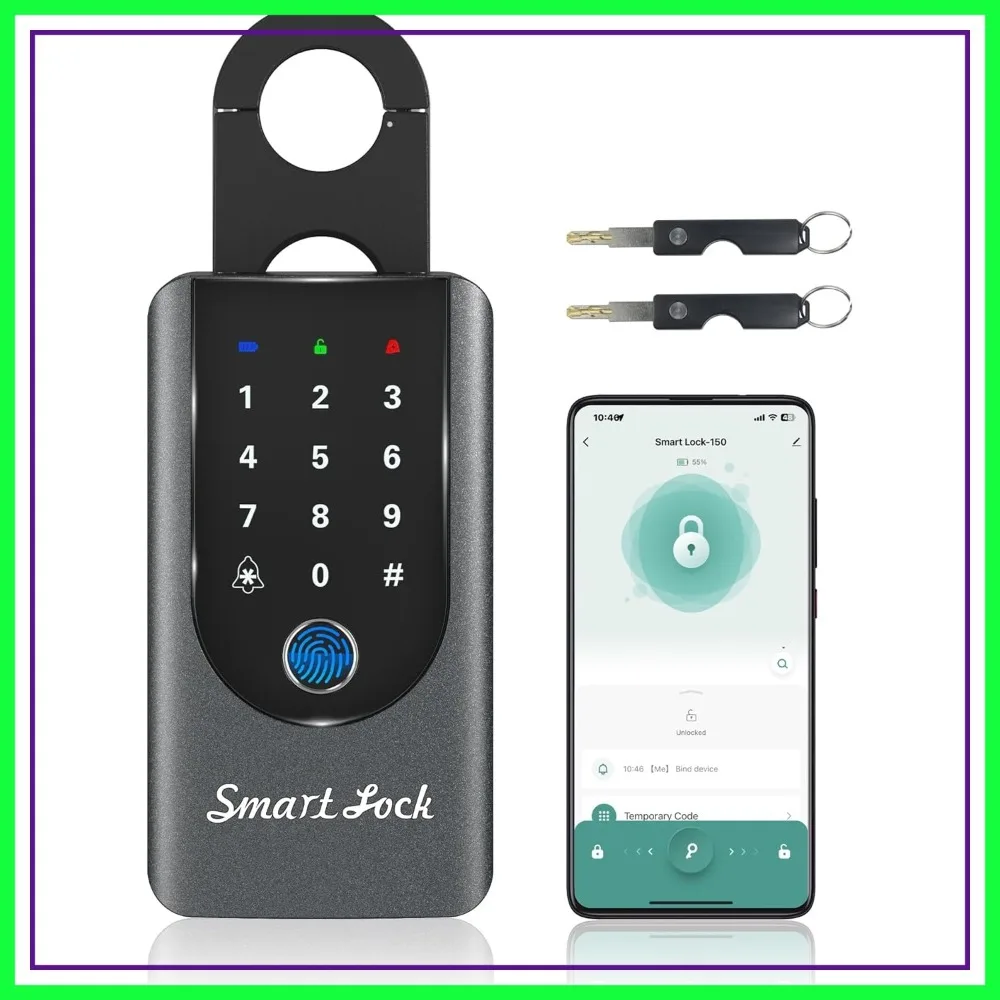 Bluetooth Key Box, Electronic Fingerprint Lock with Passcode, Card Access, Doorbell, Waterproof, for Vacation Homes & Secure Key Storage
Bluetooth Key Box, Electronic Fingerprint Lock with Passcode, Card Access, Doorbell, Waterproof, for Vacation Homes & Secure Key Storage