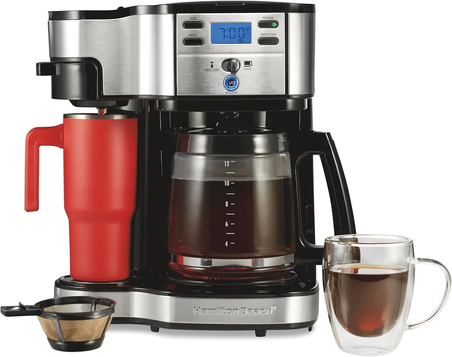 2-Way Programmable Coffee Maker, 12 Cup Glass Carafe And Single Serve Coffee Maker, Black with Stainless Steel Ac
2-Way Programmable Coffee Maker, 12 Cup Glass Carafe And Single Serve Coffee Maker, Black with Stainless Steel Ac