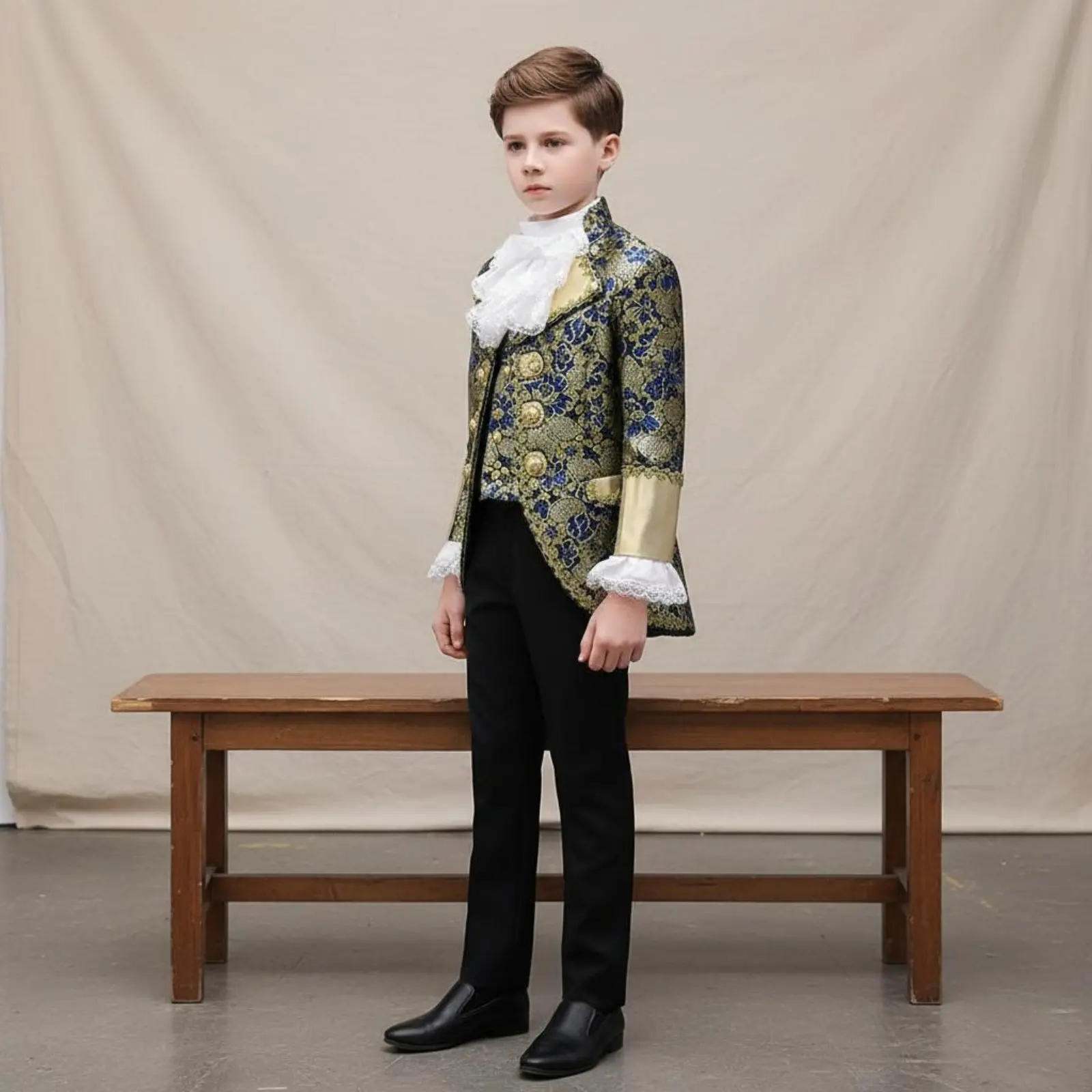 European Court Formal Wear Ruffled Jabot Collar Brocade Jacket Tuxedo Set Stage Outfit Tailored Fit for Children, School Play
European Court Formal Wear Ruffled Jabot Collar Brocade Jacket Tuxedo Set Stage Outfit Tailored Fit for Children, School Play