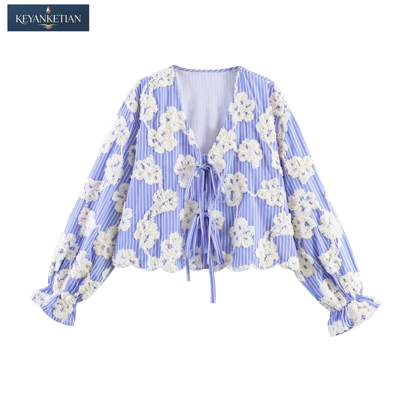 KEYANKETIAN 2026 Autumn Casual Bohemian Floral Applique Blouse Vertical Stripes, Bow Tie Front & Ruffled Cuffs Shirt Cropped Top
KEYANKETIAN 2026 Autumn Casual Bohemian Floral Applique Blouse Vertical Stripes, Bow Tie Front & Ruffled Cuffs Shirt Cropped Top