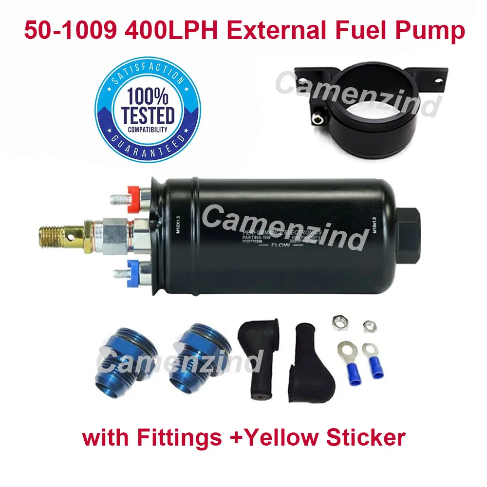 New 400LPH 50-1009 E85 High Performance Inline External Fuel Pump with fittings and Yellow sticker
New 400LPH 50-1009 E85 High Performance Inline External Fuel Pump with fittings and Yellow sticker