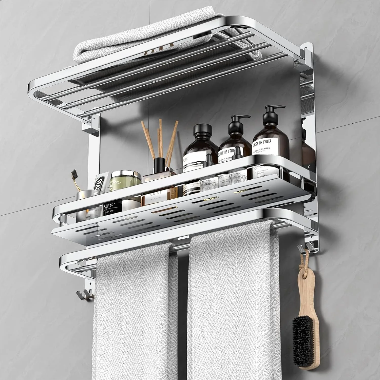 22.8Inch Towel Rack for Bathroom Wall Mount, Stainless Steel No Drill Collapsible with Shelf and Towel Bar
22.8Inch Towel Rack for Bathroom Wall Mount, Stainless Steel No Drill Collapsible with Shelf and Towel Bar