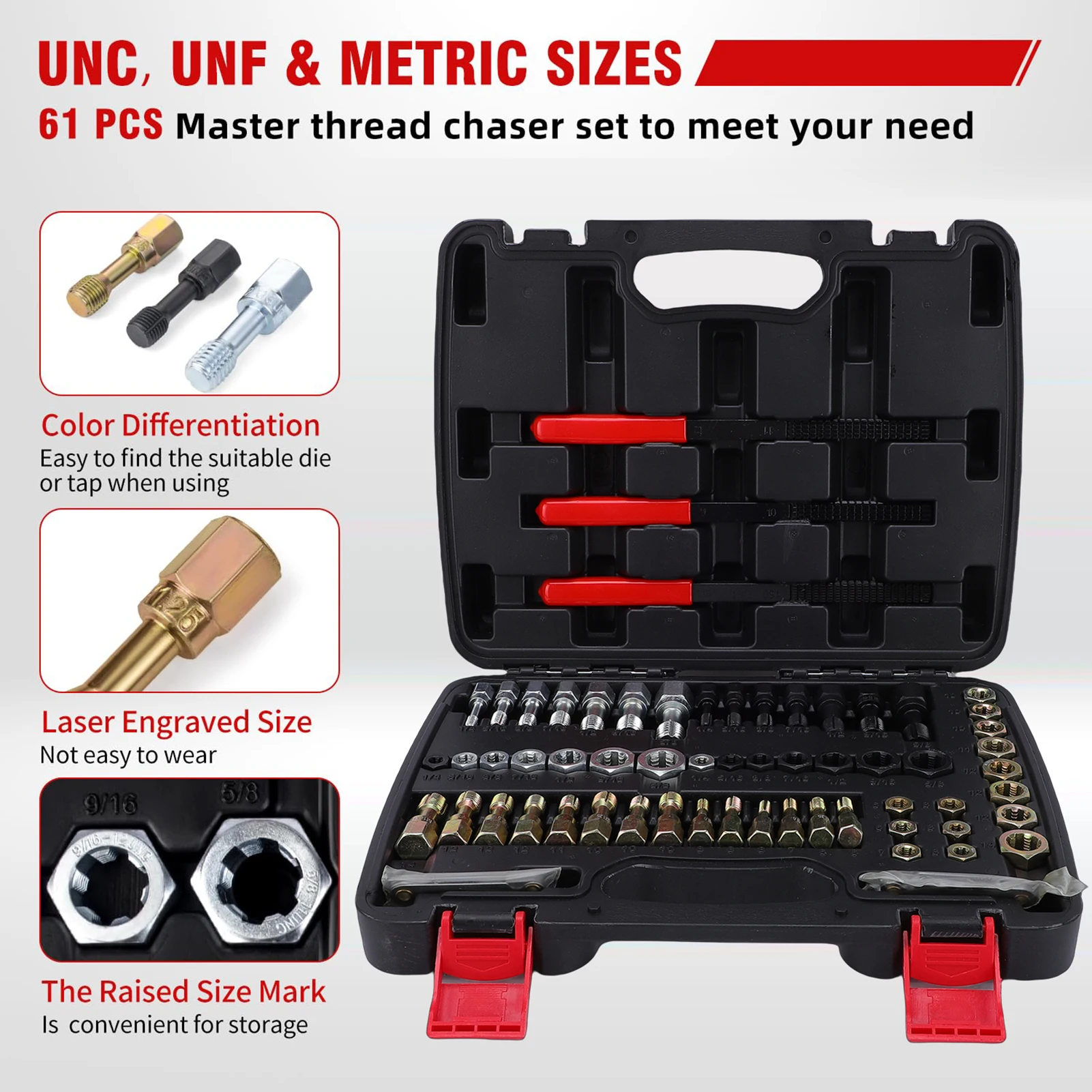 61PCS Thread Repair Kit for Damaged Nuts and Bolts, Portable UNC UNF and Metric Thread Chaser Set for Automotive Repair Mechanic
61PCS Thread Repair Kit for Damaged Nuts and Bolts, Portable UNC UNF and Metric Thread Chaser Set for Automotive Repair Mechanic