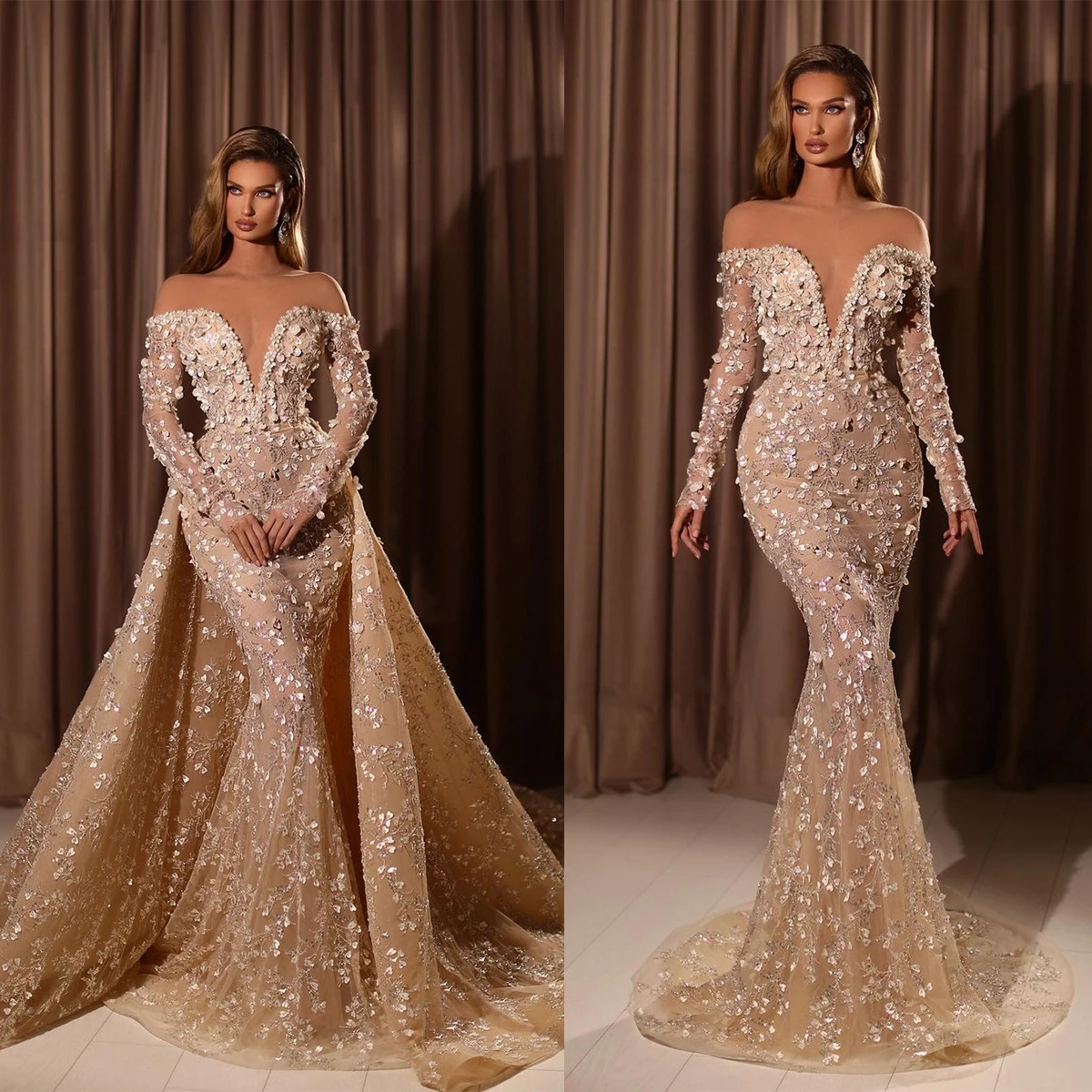 Свадебное платье цвета шампанского, с длинным рукавом и V-образным вырезом