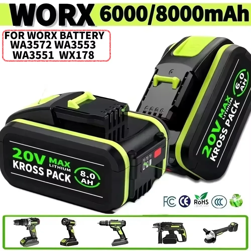 Литий-ионный аккумулятор высокой емкости 6,0 Ач/8,0 Ач для WORX 20 В WA3551 WA3551.1 WA3553 WA3641 WX373 WX390, инструмент для перезаряжаемой батареи
Литий-ионный аккумулятор высокой емкости 6,0 Ач/8,0 Ач для WORX 20 В WA3551 WA3551.1 WA3553 WA3641 WX373 WX390, инструмент для перезаряжаемой батареи