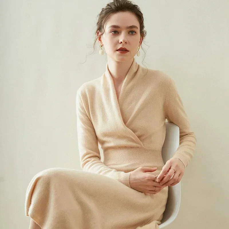 Birdtree Cashmere Wrap-up Dress Crossover V-neck Midi A-line Waist-length Over-the-knee Solid Commuting Knit Skirt
Birdtree Cashmere Wrap-up Dress Crossover V-neck Midi A-line Waist-length Over-the-knee Solid Commuting Knit Skirt