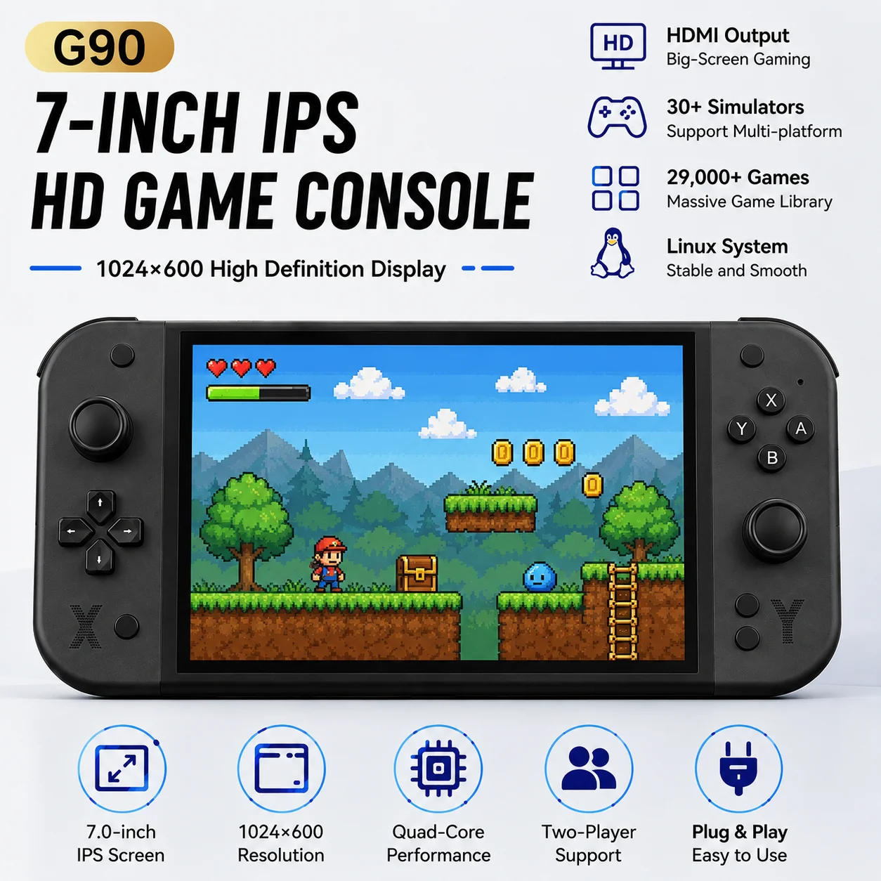 G90 Large Screen Handheld Game Console 7 Inch HD Display Support 30+ Emulators Long Battery Life TV Output Adult and Child Gift
G90 Large Screen Handheld Game Console 7 Inch HD Display Support 30+ Emulators Long Battery Life TV Output Adult and Child Gift