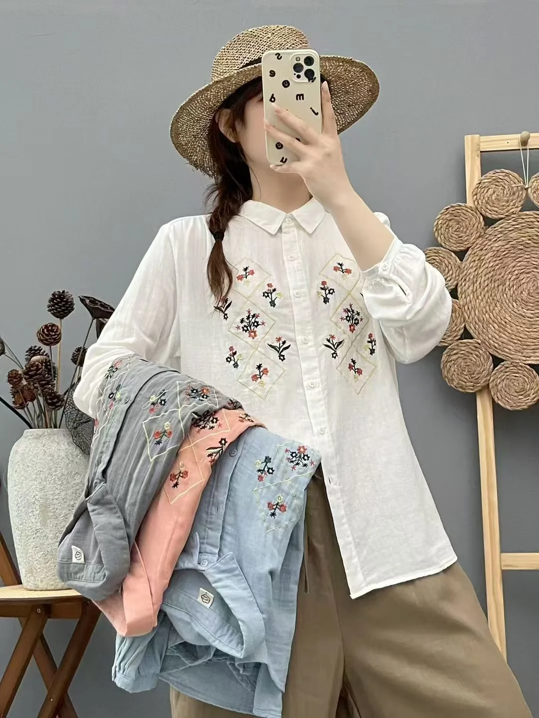 Осенняя одежда из чистой хлопчатобумажной пряжи Белый Синий Серый Розовый Рубашки и блузки с растительной вышивкой для женщин Зимние мягкие топы с длинными рукавами
Осенняя одежда из чистой хлопчатобумажной пряжи Белый Синий Серый Розовый Рубашки и блузки с растительной вышивкой для женщин Зимние мягкие топы с длинными рукавами