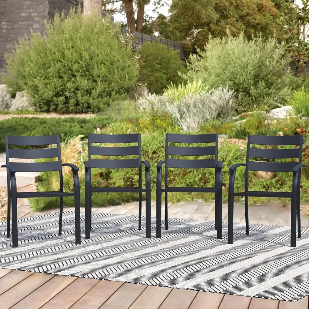 Set of 4 Stackable Black Outdoor Dining Chairs, Durable Metal Patio Furniture for Garden and Deck, Supports Over 300 lbs
Set of 4 Stackable Black Outdoor Dining Chairs, Durable Metal Patio Furniture for Garden and Deck, Supports Over 300 lbs