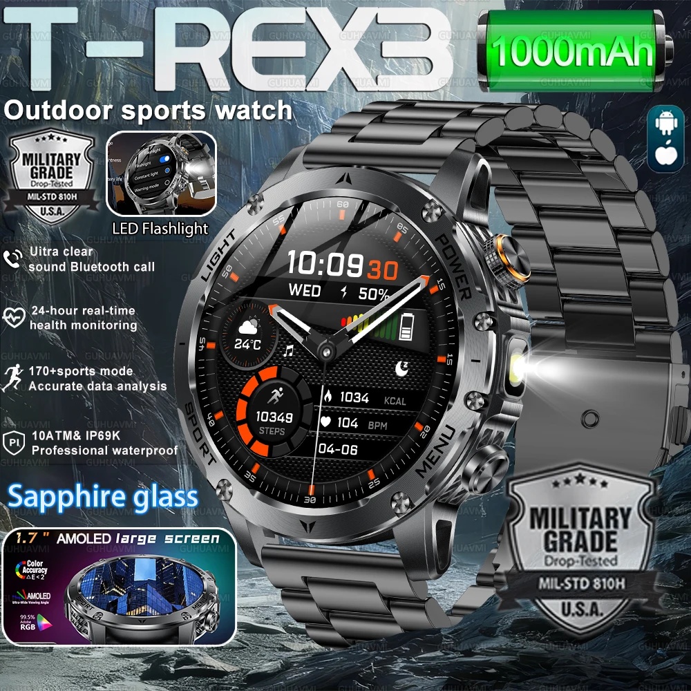 HOT New Military Outdoor Sport Smart Watch Men Flashlight 10ATM Waterproof 1.7" HD Wireless Call Smartwatch 1000mAh Big Battery 
HOT New Military Outdoor Sport Smart Watch Men Flashlight 10ATM Waterproof 1.7" HD Wireless Call Smartwatch 1000mAh Big Battery