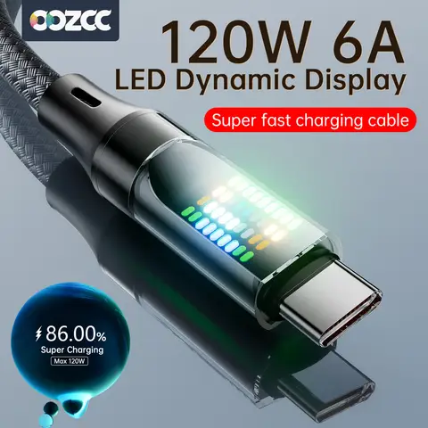 OOZCC 120W Type C Fast Charging Cable 6A USBA to Type C Nylon Data Cord for Xiaomi Samsung With Led Display USB C Cable