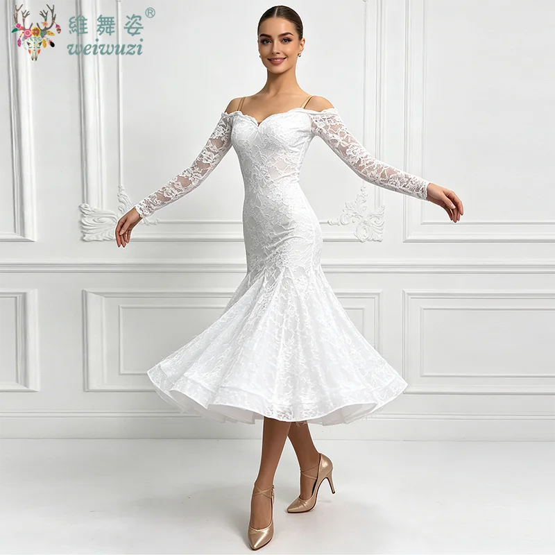 Elegant Women's White Lace Modern Dance Dress Off Shoulder Long Sleeve Ballroom Dance Costumes Waltz Tango Performance Wear
Elegant Women's White Lace Modern Dance Dress Off Shoulder Long Sleeve Ballroom Dance Costumes Waltz Tango Performance Wear