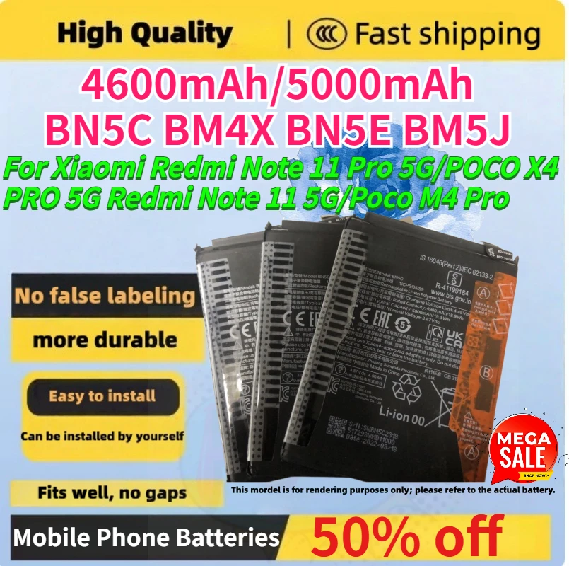 Brand New BN5C BM4X BN5E BM5J Mobile Phone Battery for Xiaomi Redmi Note 11 Pro 5G/POCO X4 PRO 5G Redmi Note 11 5G/Poco M4 Pro
Brand New BN5C BM4X BN5E BM5J Mobile Phone Battery for Xiaomi Redmi Note 11 Pro 5G/POCO X4 PRO 5G Redmi Note 11 5G/Poco M4 Pro