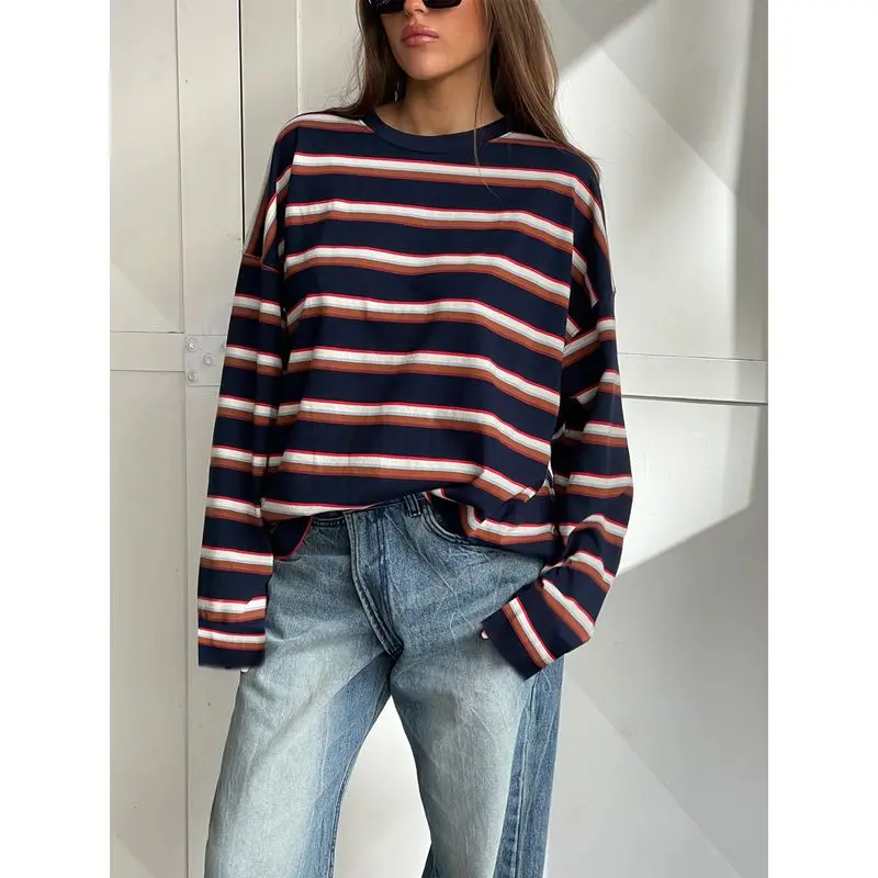 Повседневные свободные пуловеры с круглым вырезом и длинными рукавами, модная уличная одежда, женские полосатые футболки контрастного цвета, осень-весна
Повседневные свободные пуловеры с круглым вырезом и длинными рукавами, модная уличная одежда, женские полосатые футболки контрастного цвета, осень-весна