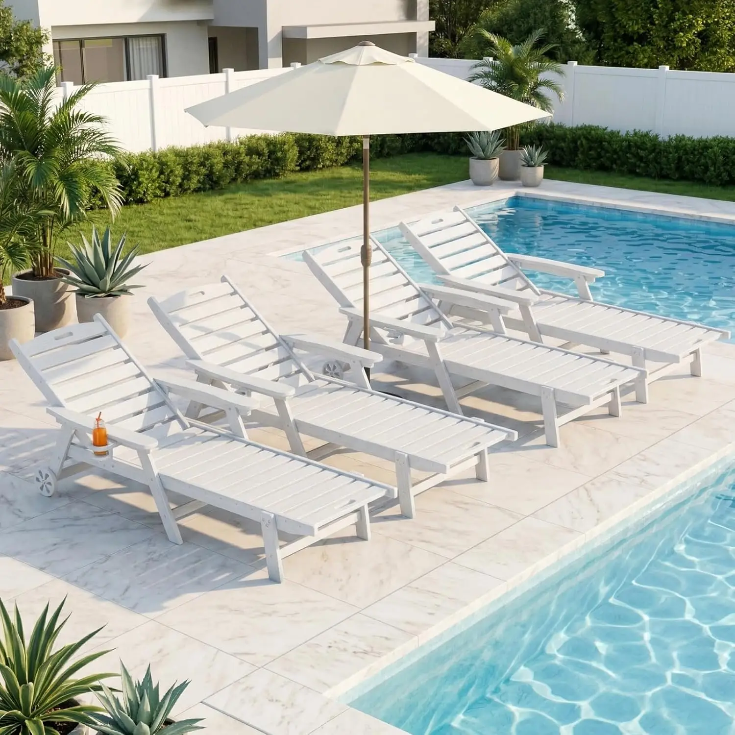 HDPE Pool Lounge Chairs Set of 4 with Wheels & Cup Holder, 6-Position Adjustable Lounge Chair Outdoor, Easy 20-Min, Customized
HDPE Pool Lounge Chairs Set of 4 with Wheels & Cup Holder, 6-Position Adjustable Lounge Chair Outdoor, Easy 20-Min, Customized