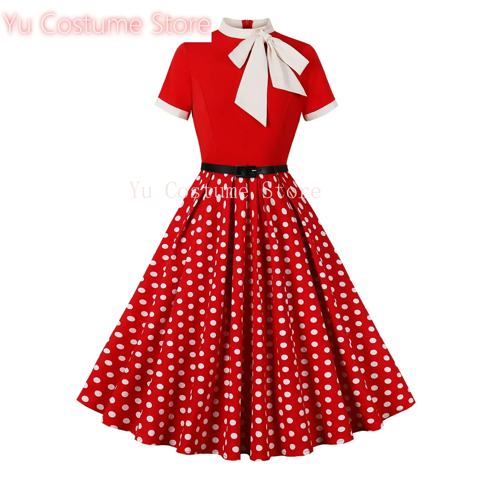 Yu Costume Summer Women's Dress Flower Printed Polka Dot Bow For Women Small-waisted A Line Lady Elegant Knee Length Dress 
Yu Costume Summer Women's Dress Flower Printed Polka Dot Bow For Women Small-waisted A Line Lady Elegant Knee Length Dress