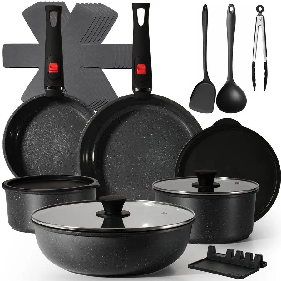 and Pans Set Non Stick 21 PCs, Stackable Cookware Sets with Detachable Handle, Granite Induction RV Kitchen Portable Cooking Set
