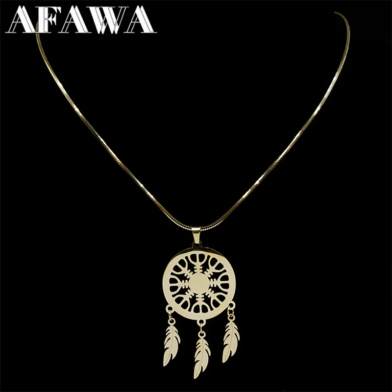 Viking Compass Dream Catcher Feather Pendant Necklace for Women Men Stainless Steel Gold Color Amulet Chain Jewelry NS02 
Viking Compass Dream Catcher Feather Pendant Necklace for Women Men Stainless Steel Gold Color Amulet Chain Jewelry NS02