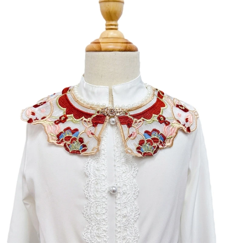 

Childrens Girls Chinese Vintage Embroidered Flower Shawl Scarf Pearl Beaded Neckline Detachable False Collar Capelet F0T5