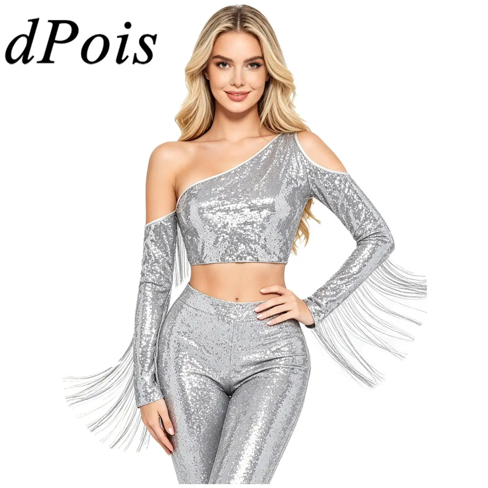 Women's Sequin One Shoulder Crop Top Cold Shoulder Long Sleeve Tassel Crop T-shirt Asymmetrical Sparkly Disco Dance Party Top
Women's Sequin One Shoulder Crop Top Cold Shoulder Long Sleeve Tassel Crop T-shirt Asymmetrical Sparkly Disco Dance Party Top