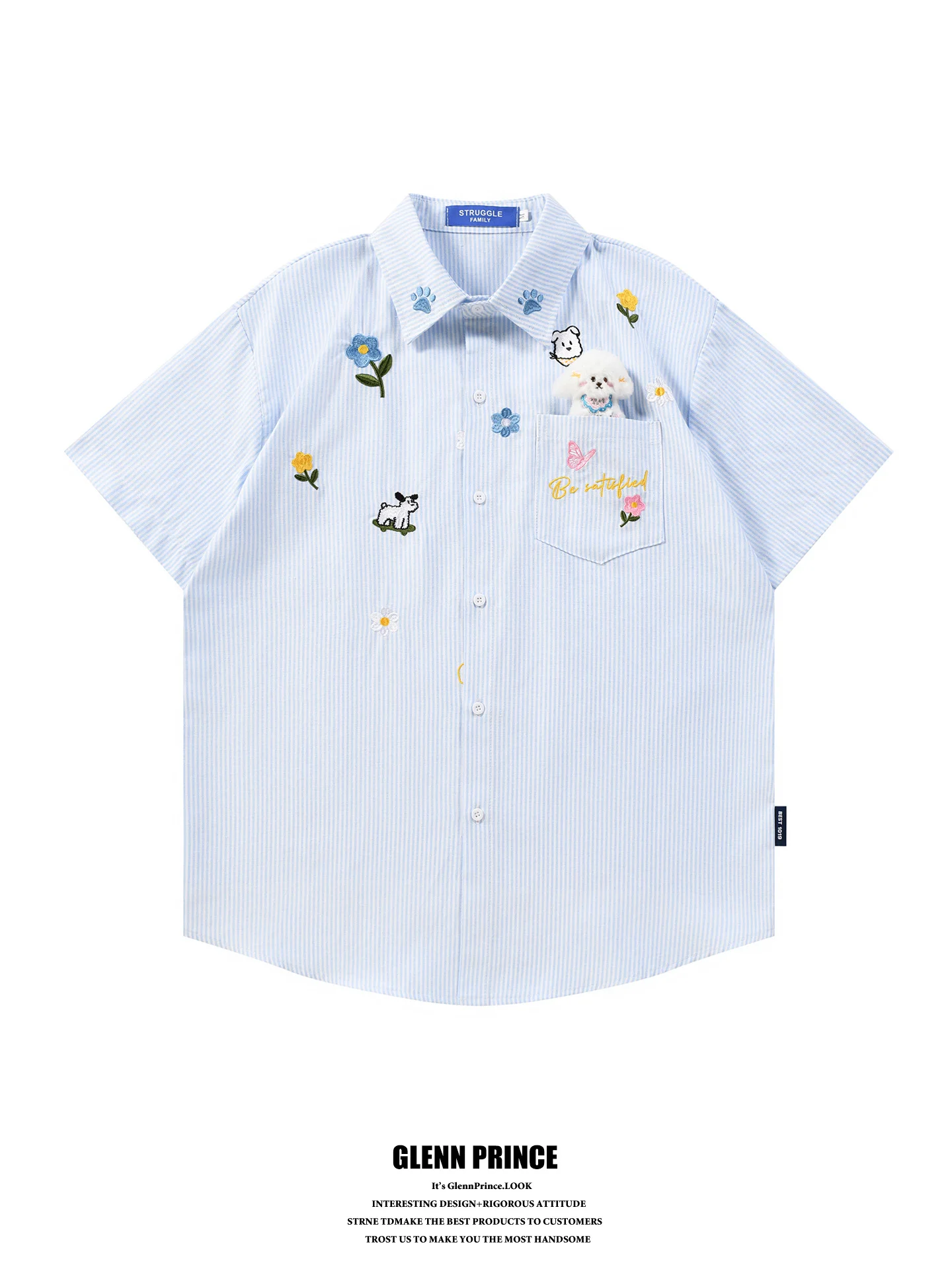 GPstudio Japanese Style Striped Pocket Dog Flower Embroidery Short Sleeve Shirt Men's Dopaamine Couple Elegant Shirt
GPstudio Japanese Style Striped Pocket Dog Flower Embroidery Short Sleeve Shirt Men's Dopaamine Couple Elegant Shirt