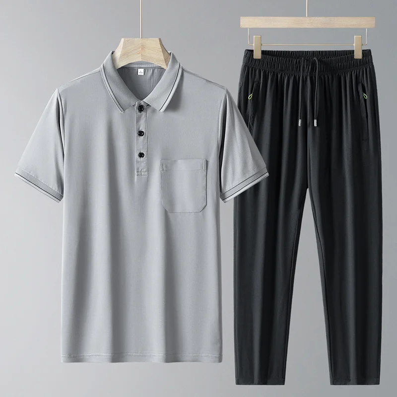 Summer Men's 2Pcs Casual Tracksuit, Light Blue Trim Collar Pocket Polo + Black Quick Dry Drawstring Pants Middle Aged Dad Outfit
Summer Men's 2Pcs Casual Tracksuit, Light Blue Trim Collar Pocket Polo + Black Quick Dry Drawstring Pants Middle Aged Dad Outfit