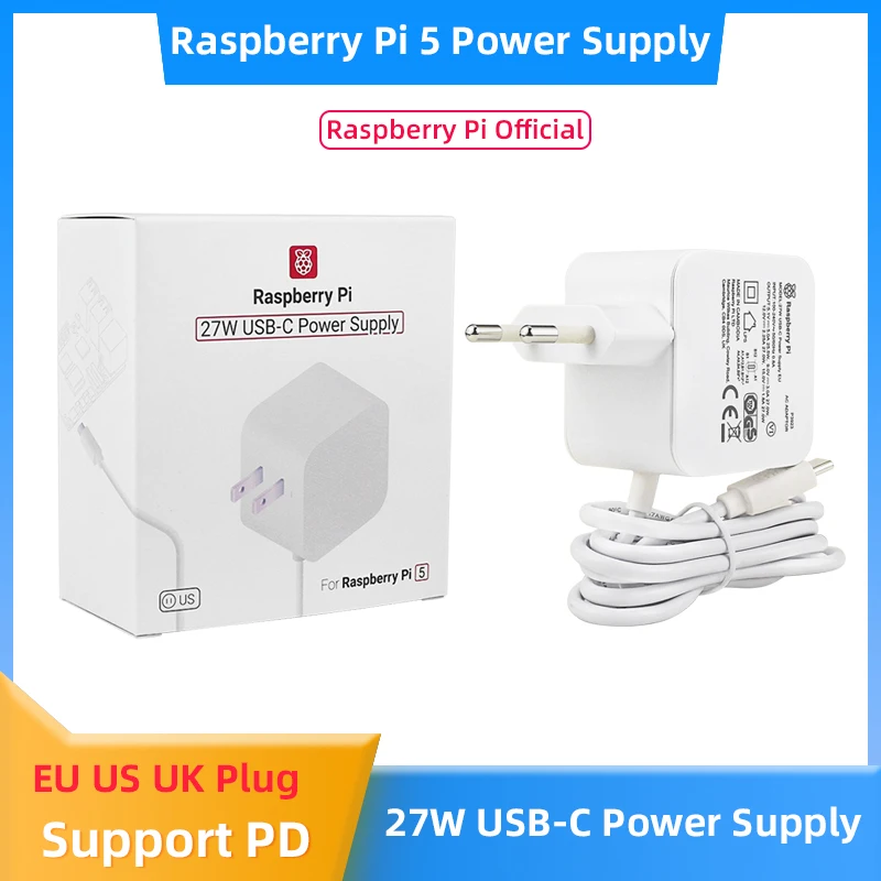 Official Raspberry Pi 27W USB C Power Supply Compatible for PD Charing EU US UK Plug 5.1V 5A for Raspberry Pi 5
Official Raspberry Pi 27W USB C Power Supply Compatible for PD Charing EU US UK Plug 5.1V 5A for Raspberry Pi 5