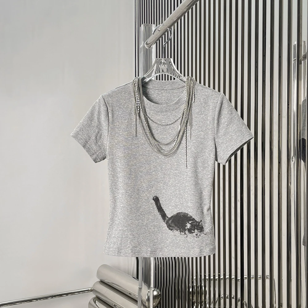 Cotton Blend Women's T-Shirt Y2k Cat Print Chains Decoration Elegant Commuting Crew Neck Short Sleeve Tees Top 2025 Autumn New
Cotton Blend Women's T-Shirt Y2k Cat Print Chains Decoration Elegant Commuting Crew Neck Short Sleeve Tees Top 2025 Autumn New