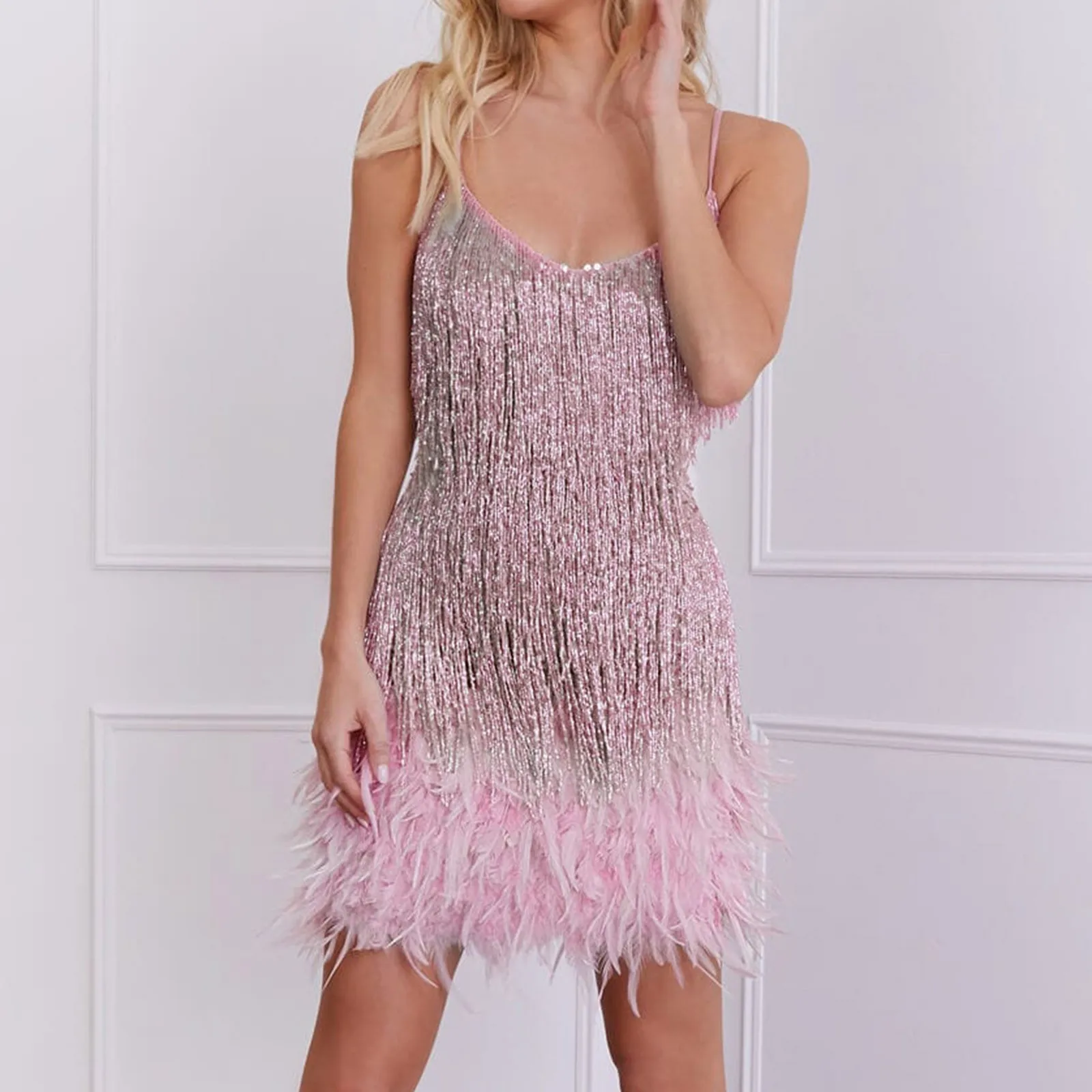 Sequins Tassel Feather Spaghetti Strap Dress Hot Sale Women Fashion Sexy Stitching Mini Dress Evening Party Club Elegant Dress
Sequins Tassel Feather Spaghetti Strap Dress Hot Sale Women Fashion Sexy Stitching Mini Dress Evening Party Club Elegant Dress