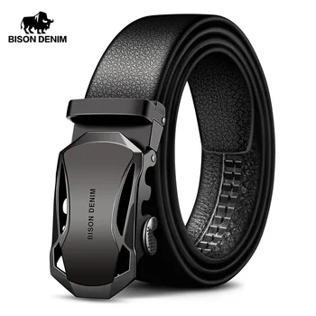 BISON DENIM 남성용 암소 가죽 벨트, 브랜드 패션, 자동 버클, 블랙 정품 가죽 벨트, 너비 3.4cm, N71314