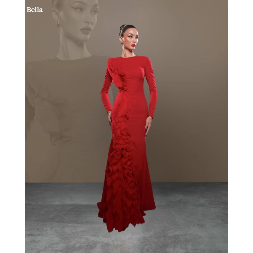Bella Customized Red Long Sleeves O-Neck robes de soirée Chiffon A-line Party Dresses Shoulder Pads Floor-Length Prom Dress 2025
Bella Customized Red Long Sleeves O-Neck robes de soirée Chiffon A-line Party Dresses Shoulder Pads Floor-Length Prom Dress 2025
