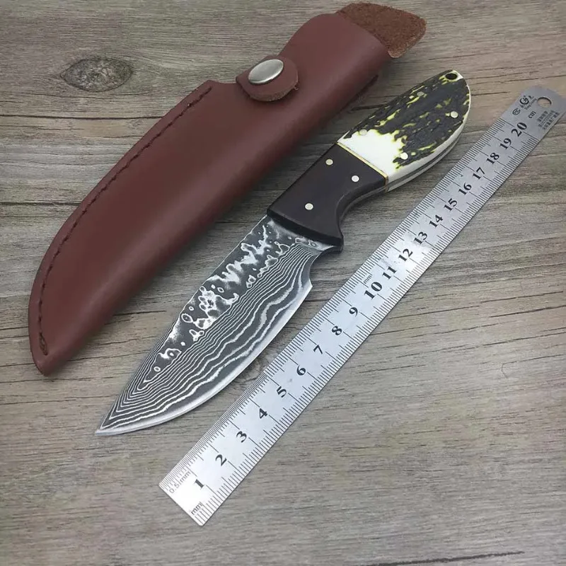 Handmade Forged Damascus Steel Hunting Knife Fixed Blade Rosewood Antler Handle With Cowhide Leather Cover
Handmade Forged Damascus Steel Hunting Knife Fixed Blade Rosewood Antler Handle With Cowhide Leather Cover