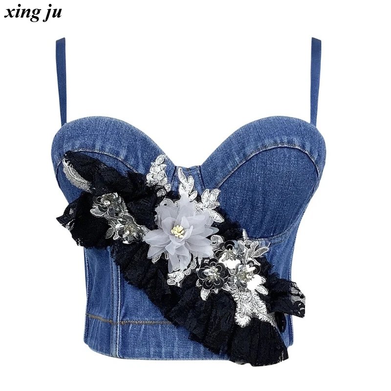 Xing Ju Nightclub Girl Blue Denim Strapless Crop Tops Women Jazz Dance Costume DJ Sexy Lace Sequin Flower Vest Singer Stage Wear
Xing Ju Nightclub Girl Blue Denim Strapless Crop Tops Women Jazz Dance Costume DJ Sexy Lace Sequin Flower Vest Singer Stage Wear