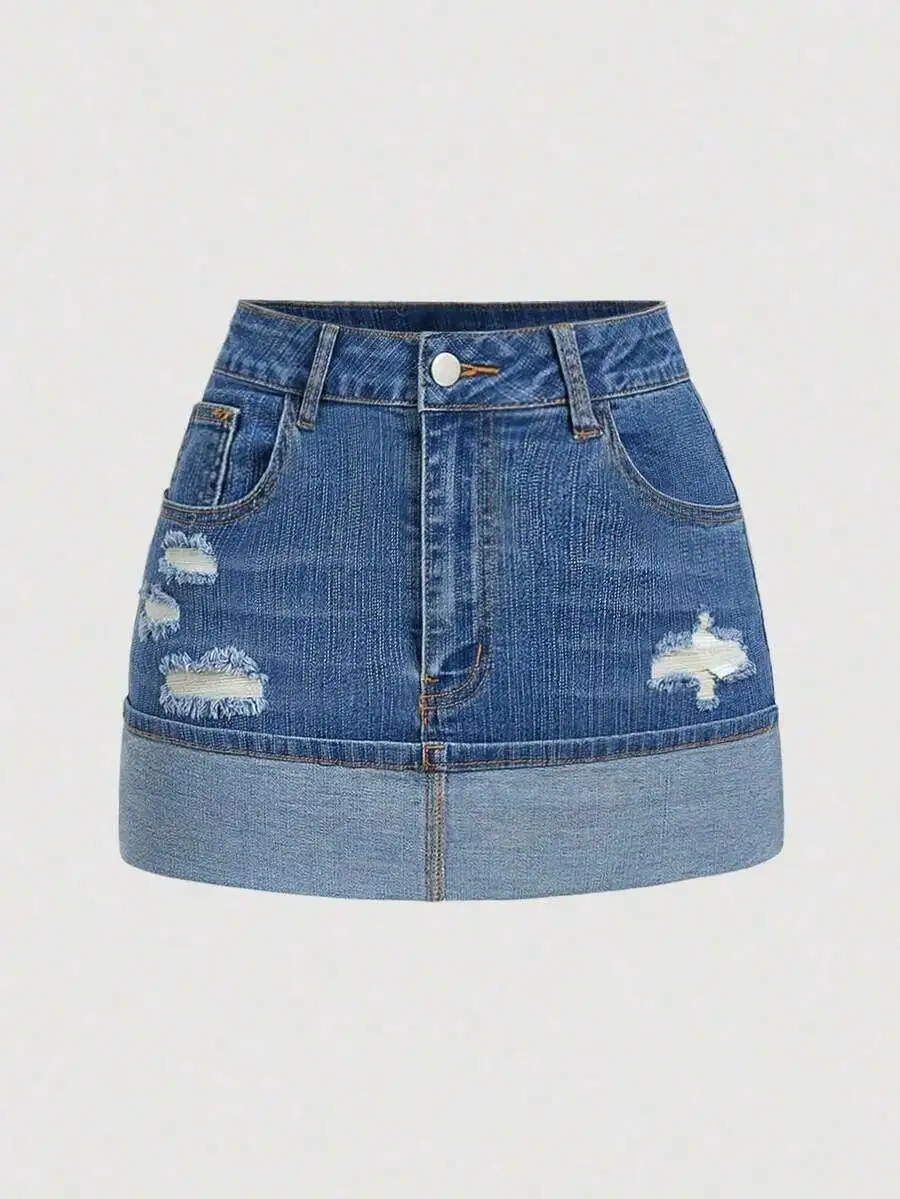 Womens Casual Washed Distressed Denim Mini Skirt With Patchwork Detail
Womens Casual Washed Distressed Denim Mini Skirt With Patchwork Detail