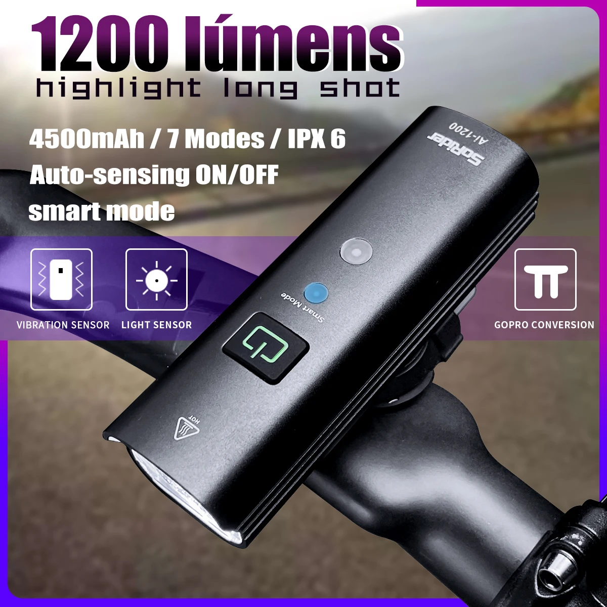 Bike Lights Smart Vibration Light Sensor Intelligent Auto Tun On Off 1200 Lumens Cycling Headlight LED Flashlight With Gopro
Bike Lights Smart Vibration Light Sensor Intelligent Auto Tun On Off 1200 Lumens Cycling Headlight LED Flashlight With Gopro