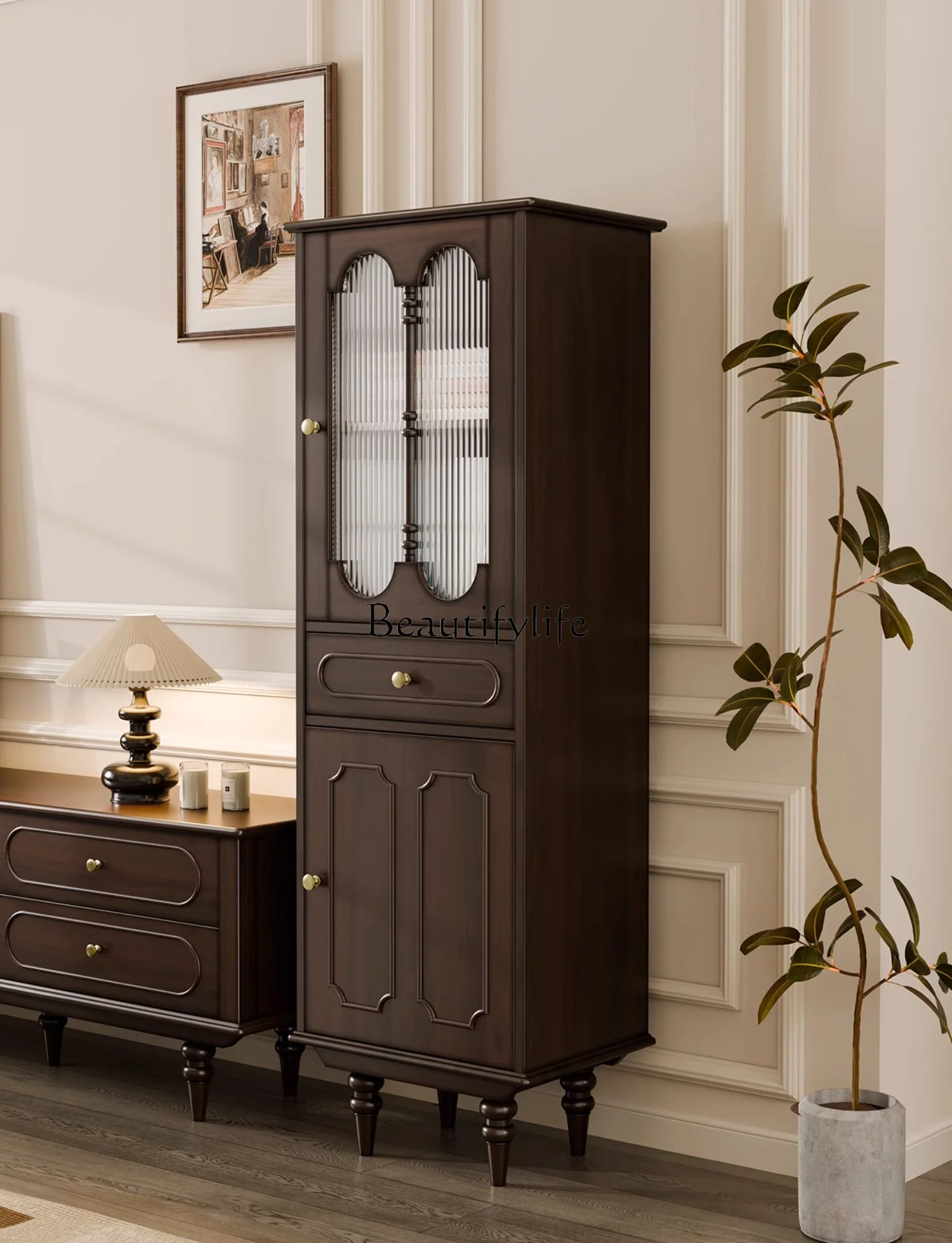 French retro solid wood premium wine cabinet integrated storage rack against the wall
French retro solid wood premium wine cabinet integrated storage rack against the wall